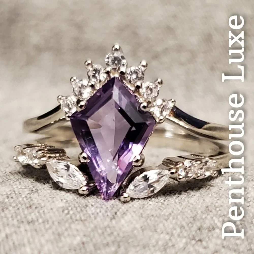 SOLID 925 Sterling Silver Purple Amethyst Kite Cut Ring Set